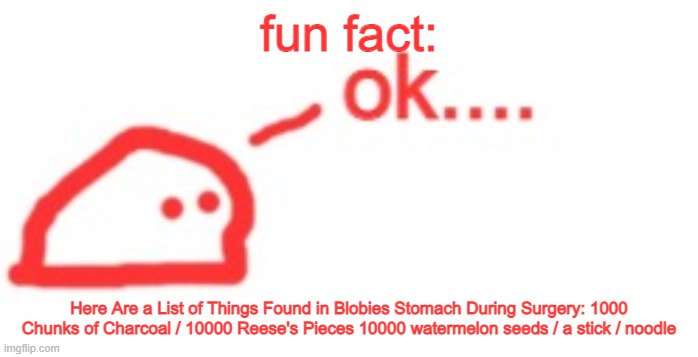 ok.... | fun fact:; Here Are a List of Things Found in Blobies Stomach During Surgery: 1000 Chunks of Charcoal / 10000 Reese's Pieces 10000 watermelon seeds / a stick / noodle | image tagged in c | made w/ Imgflip meme maker