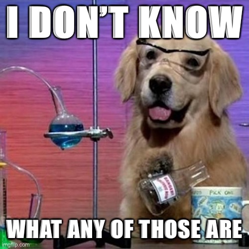 I Have No Idea What I Am Doing Dog Meme | I DON’T KNOW WHAT ANY OF THOSE ARE | image tagged in memes,i have no idea what i am doing dog | made w/ Imgflip meme maker