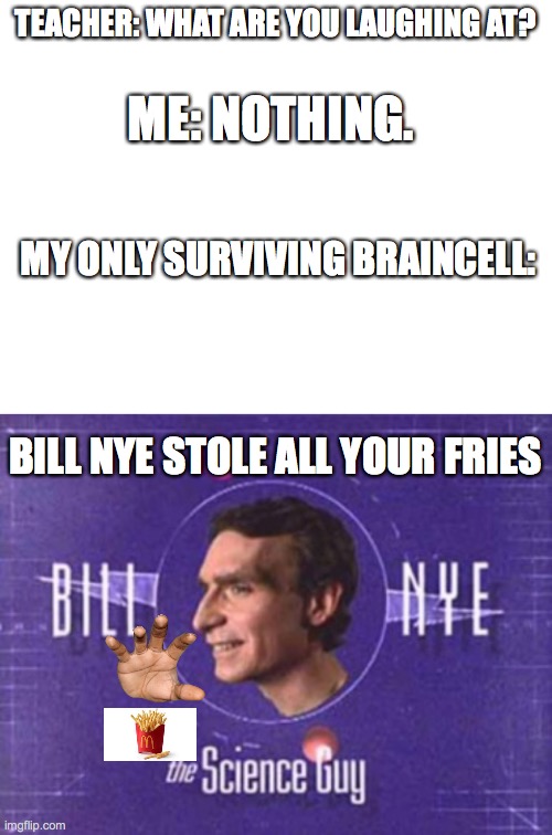 fries | TEACHER: WHAT ARE YOU LAUGHING AT? ME: NOTHING. MY ONLY SURVIVING BRAINCELL:; BILL NYE STOLE ALL YOUR FRIES | image tagged in blank white template | made w/ Imgflip meme maker