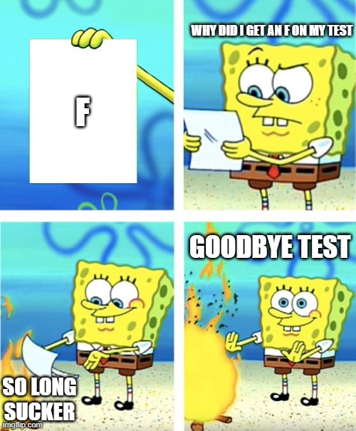 Spongebob Burning Paper | WHY DID I GET AN F ON MY TEST; F; GOODBYE TEST; SO LONG SUCKER | image tagged in spongebob burning paper | made w/ Imgflip meme maker