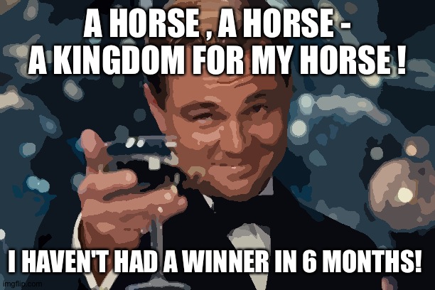 Leonardo Dicaprio Cheers | A HORSE , A HORSE - A KINGDOM FOR MY HORSE ! I HAVEN'T HAD A WINNER IN 6 MONTHS! | image tagged in memes,leonardo dicaprio cheers | made w/ Imgflip meme maker