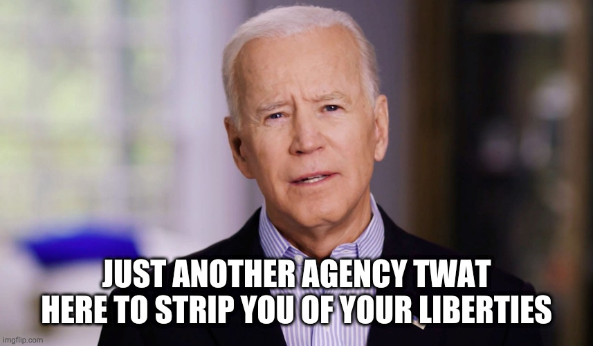 Joe Biden 2020 | JUST ANOTHER AGENCY TWAT HERE TO STRIP YOU OF YOUR LIBERTIES | image tagged in joe biden 2020 | made w/ Imgflip meme maker