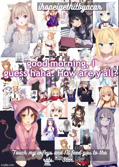 e | good morning, I guess haha. How are y'all? | image tagged in cat girl templateee | made w/ Imgflip meme maker