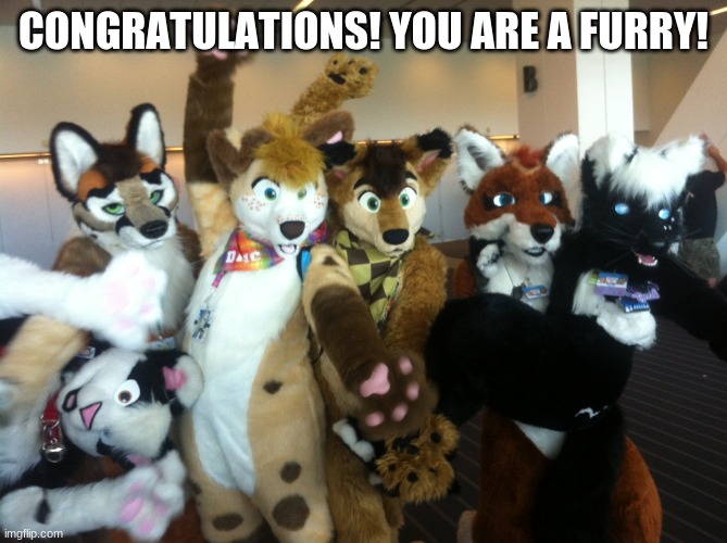 Furries | CONGRATULATIONS! YOU ARE A FURRY! | image tagged in furries | made w/ Imgflip meme maker