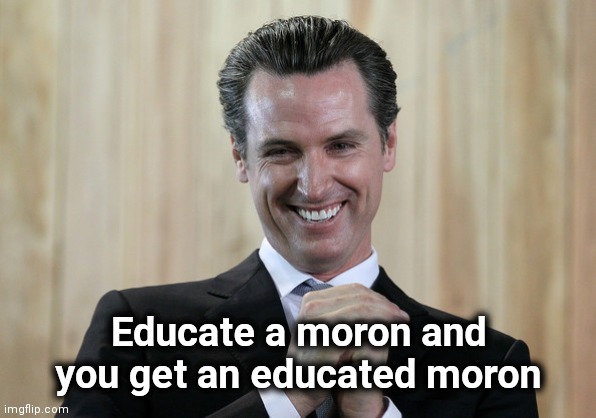 Scheming Gavin Newsom  | Educate a moron and you get an educated moron | image tagged in scheming gavin newsom | made w/ Imgflip meme maker