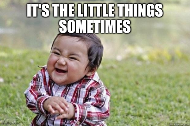 Sinister snickering kid | IT'S THE LITTLE THINGS
SOMETIMES | image tagged in sinister snickering kid | made w/ Imgflip meme maker