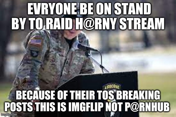 stand by soldiers | EVRYONE BE ON STAND BY TO RAID H@RNY STREAM; BECAUSE OF THEIR TOS BREAKING POSTS THIS IS IMGFLIP NOT P@RNHUB | image tagged in antipron,military | made w/ Imgflip meme maker