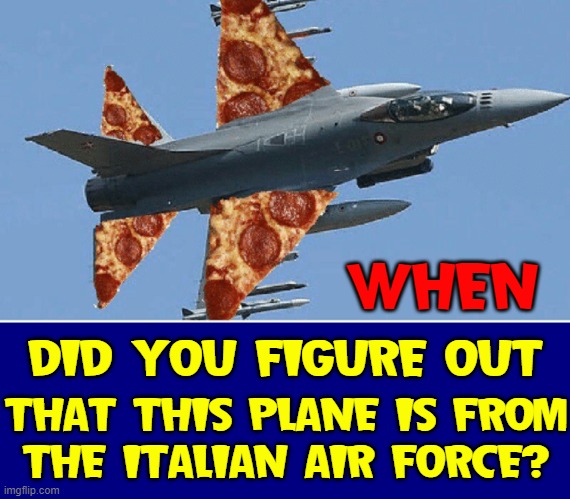 Mama Mia, Dat's some High-Flyin' Pizza! | WHEN; DID YOU FIGURE OUT; THAT THIS PLANE IS FROM
THE ITALIAN AIR FORCE? | image tagged in vince vance,italian,air force,pizza,jets,memes | made w/ Imgflip meme maker