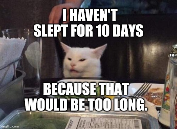 Salad cat | I HAVEN'T SLEPT FOR 10 DAYS; BECAUSE THAT WOULD BE TOO LONG. J M | image tagged in salad cat | made w/ Imgflip meme maker