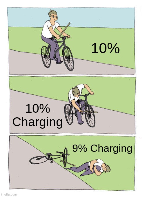 Relatable? | 10%; 10% Charging; 9% Charging | image tagged in memes,bike fall | made w/ Imgflip meme maker
