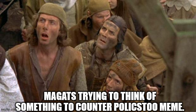 MAGA brain trust | MAGATS TRYING TO THINK OF SOMETHING TO COUNTER POLICSTOO MEME. | image tagged in monty python peasants,duh | made w/ Imgflip meme maker