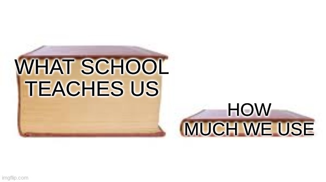 Big book small book | WHAT SCHOOL TEACHES US; HOW MUCH WE USE | image tagged in big book small book | made w/ Imgflip meme maker