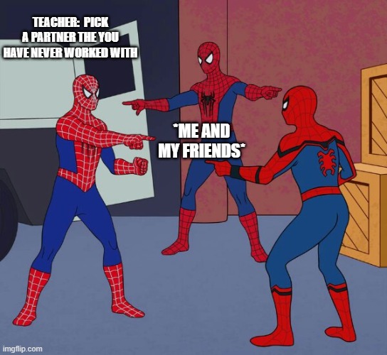 school be like | TEACHER:  PICK A PARTNER THE YOU HAVE NEVER WORKED WITH; *ME AND MY FRIENDS* | image tagged in spider man triple,school | made w/ Imgflip meme maker