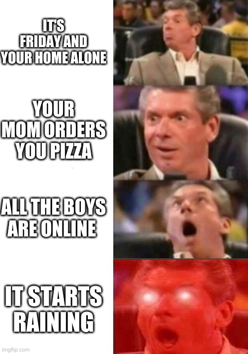 Mr. McMahon reaction | IT'S FRIDAY AND YOUR HOME ALONE; YOUR MOM ORDERS YOU PIZZA; ALL THE BOYS ARE ONLINE; IT STARTS RAINING | image tagged in mr mcmahon reaction | made w/ Imgflip meme maker