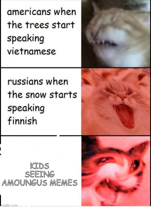 Screaming cats | KIDS SEEING AMOUNGUS MEMES | image tagged in screaming cats | made w/ Imgflip meme maker