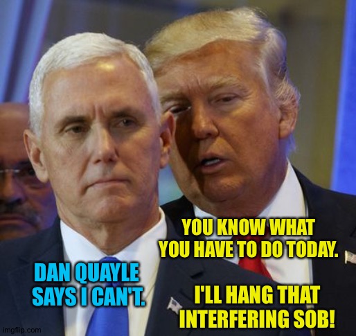 I don't have the power, Donny. | YOU KNOW WHAT YOU HAVE TO DO TODAY. DAN QUAYLE 
SAYS I CAN'T. I'LL HANG THAT
INTERFERING SOB! | image tagged in trump pence | made w/ Imgflip meme maker