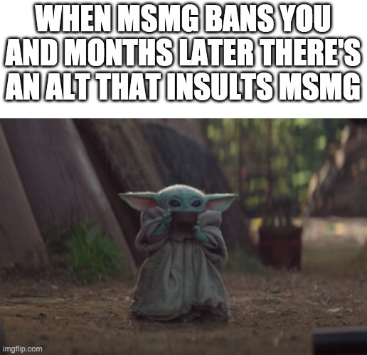Baby Yoda sipping soup | WHEN MSMG BANS YOU AND MONTHS LATER THERE'S AN ALT THAT INSULTS MSMG | image tagged in baby yoda sipping soup | made w/ Imgflip meme maker