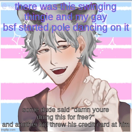 he/him mf | there was this swinging thingie and my gay bsf started pole dancing on it; some dude said "damn youre doing this for free?"
and another kid threw his credit card at him | image tagged in he/him mf | made w/ Imgflip meme maker