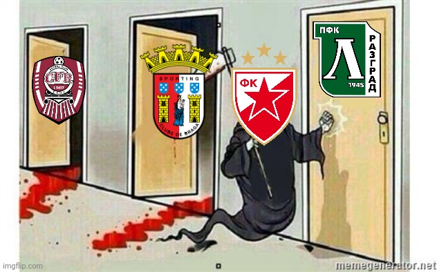 Red Star Belgrade 2-1 Braga. can the Serbian Champions take revenge on Ludogorets after UCL qualifying 2016? | image tagged in grim reaper knocking door,belgrade,braga,europa league | made w/ Imgflip meme maker