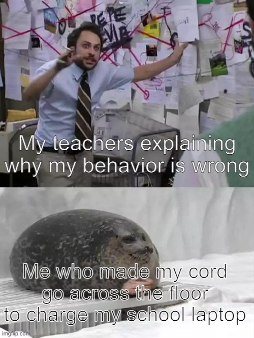 Laptop cord | My teachers explaining why my behavior is wrong; Me who made my cord go across the floor to charge my school laptop | image tagged in man explaining to seal | made w/ Imgflip meme maker