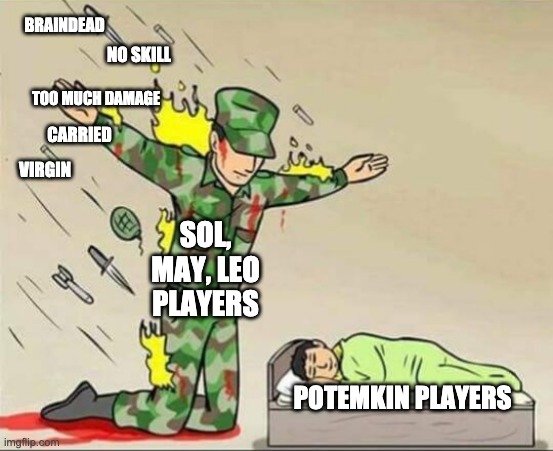 Strive Community | BRAINDEAD; NO SKILL; TOO MUCH DAMAGE; CARRIED; VIRGIN; SOL, MAY, LEO PLAYERS; POTEMKIN PLAYERS | image tagged in soldier protecting sleeping child | made w/ Imgflip meme maker