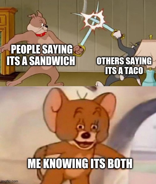 That Tanwitch  do be lookin bussin  ? | PEOPLE SAYING ITS A SANDWICH; OTHERS SAYING ITS A TACO; ME KNOWING ITS BOTH | image tagged in tom and jerry swordfight | made w/ Imgflip meme maker