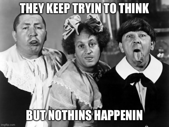 The Three Stooges | THEY KEEP TRYIN TO THINK BUT NOTHINS HAPPENIN | image tagged in the three stooges | made w/ Imgflip meme maker