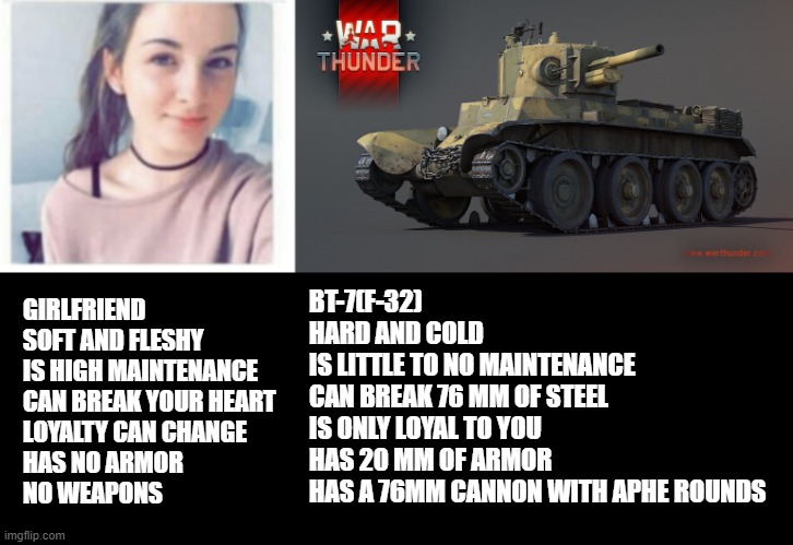 Girlfriend Vs BT-7 | BT-7(F-32)
HARD AND COLD
IS LITTLE TO NO MAINTENANCE
CAN BREAK 76 MM OF STEEL
IS ONLY LOYAL TO YOU
HAS 20 MM OF ARMOR
HAS A 76MM CANNON WITH APHE ROUNDS; GIRLFRIEND

SOFT AND FLESHY
IS HIGH MAINTENANCE 
CAN BREAK YOUR HEART
LOYALTY CAN CHANGE
HAS NO ARMOR
NO WEAPONS | image tagged in ww2 | made w/ Imgflip meme maker