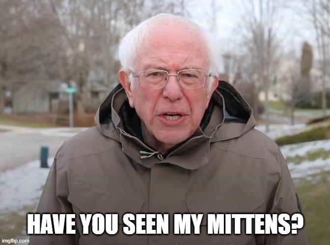 Bernie Sanders Once Again Asking | HAVE YOU SEEN MY MITTENS? | image tagged in bernie sanders once again asking | made w/ Imgflip meme maker