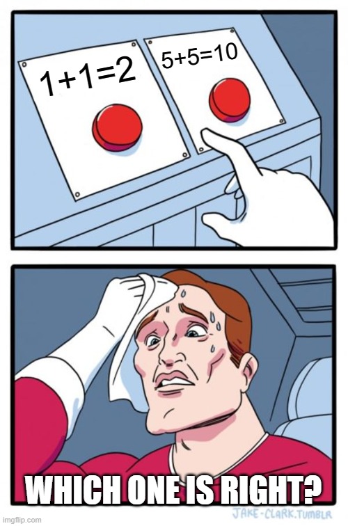 Two Buttons | 5+5=10; 1+1=2; WHICH ONE IS RIGHT? | image tagged in memes,two buttons | made w/ Imgflip meme maker
