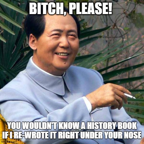 Smoking MAO | BITCH, PLEASE! YOU WOULDN'T KNOW A HISTORY BOOK IF I RE-WROTE IT RIGHT UNDER YOUR NOSE | image tagged in smoking mao | made w/ Imgflip meme maker