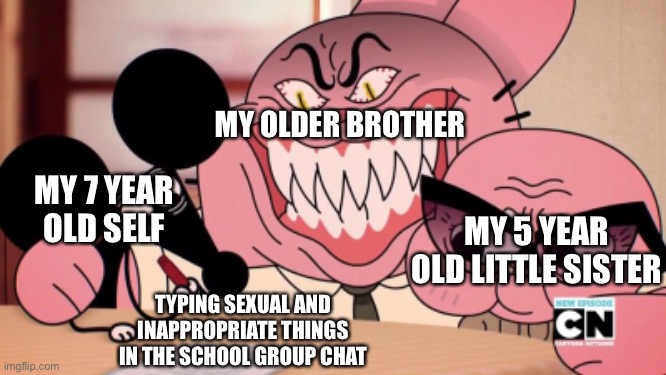 Getting your siblings in  huge trouble 101 | MY OLDER BROTHER; MY 7 YEAR OLD SELF; MY 5 YEAR OLD LITTLE SISTER; TYPING SEXUAL AND INAPPROPRIATE THINGS IN THE SCHOOL GROUP CHAT | image tagged in evil richard | made w/ Imgflip meme maker