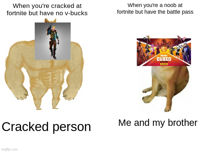 Comparing noobs and Pros be like | When you're cracked at fortnite but have no v-bucks; When you're a noob at fortnite but have the battle pass; Me and my brother; Cracked person | image tagged in memes,buff doge vs cheems | made w/ Imgflip meme maker