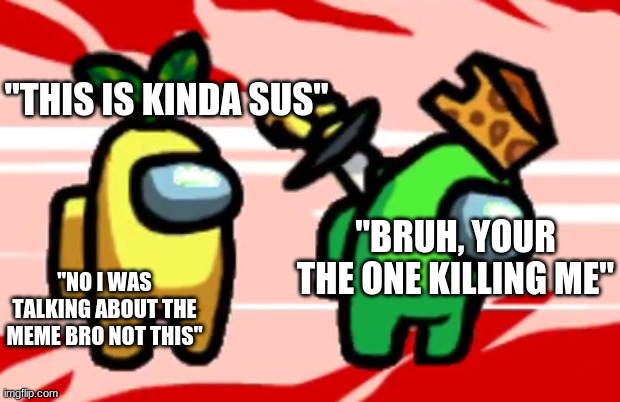 Among Us Stab | "THIS IS KINDA SUS" "BRUH, YOUR THE ONE KILLING ME" "NO I WAS TALKING ABOUT THE MEME BRO NOT THIS" | image tagged in among us stab | made w/ Imgflip meme maker