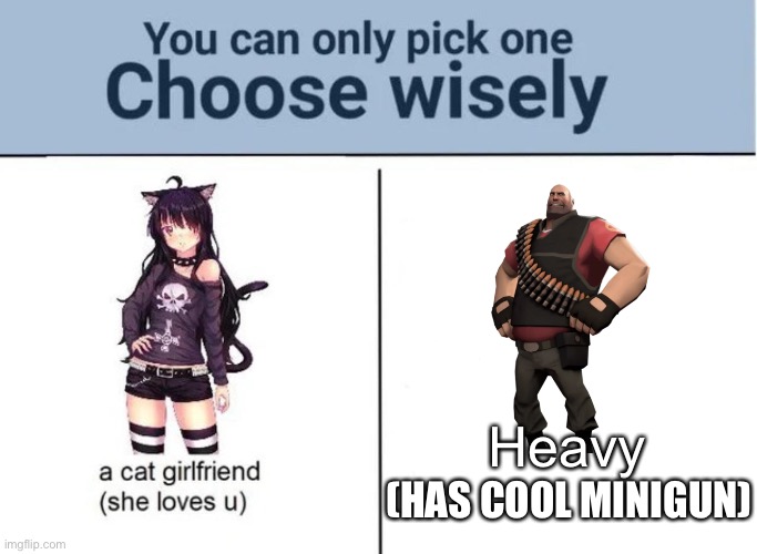 Choose wisely | Heavy; (HAS COOL MINIGUN) | image tagged in choose wisely | made w/ Imgflip meme maker