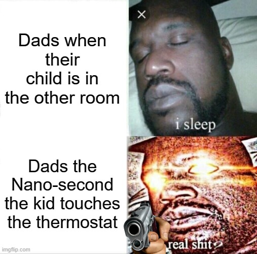 Sleeping Shaq Meme | Dads when their child is in the other room; Dads the Nano-second the kid touches the thermostat | image tagged in memes,sleeping shaq | made w/ Imgflip meme maker