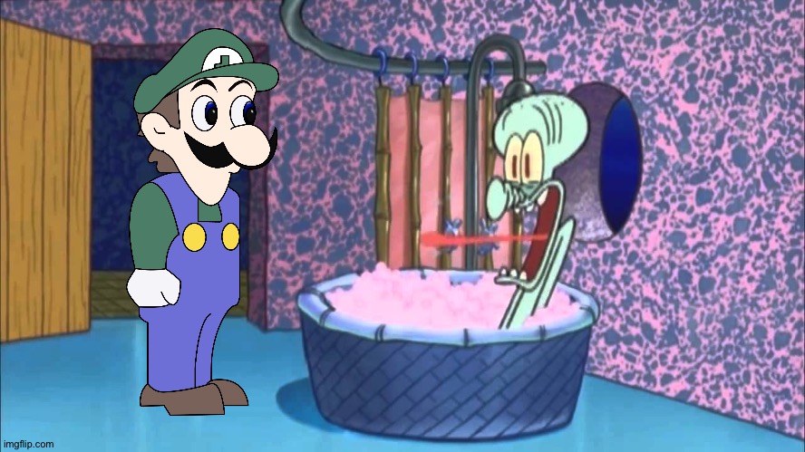 Squidward meets Weegee lol | image tagged in who dropped by squidward's house | made w/ Imgflip meme maker