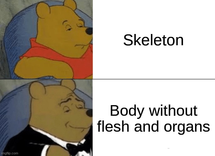 Tuxedo Winnie The Pooh | Skeleton; Body without flesh and organs | image tagged in memes,tuxedo winnie the pooh | made w/ Imgflip meme maker