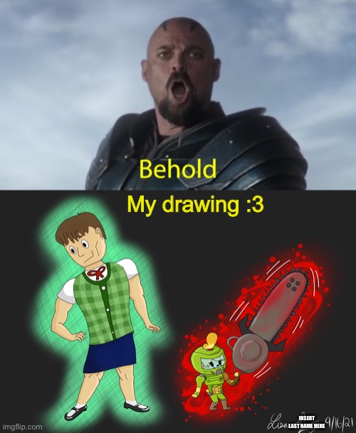 I might start signing with “jr” rather than taking the time to write out my name | My drawing :3; INSERT LAST NAME HERE | image tagged in behold my stuff,doomguy,isabelle,isabelle doomguy,drawing,drawings | made w/ Imgflip meme maker