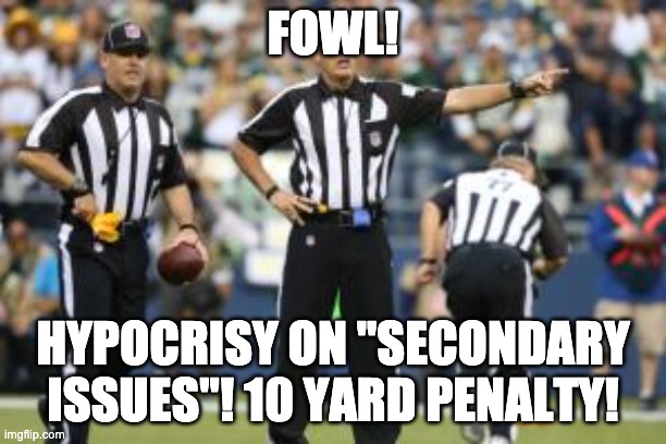nfl referee  | FOWL! HYPOCRISY ON "SECONDARY ISSUES"! 10 YARD PENALTY! | image tagged in nfl referee | made w/ Imgflip meme maker