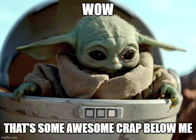 baby yoda looking down | WOW; THAT'S SOME AWESOME CRAP BELOW ME | image tagged in baby yoda looking down | made w/ Imgflip meme maker