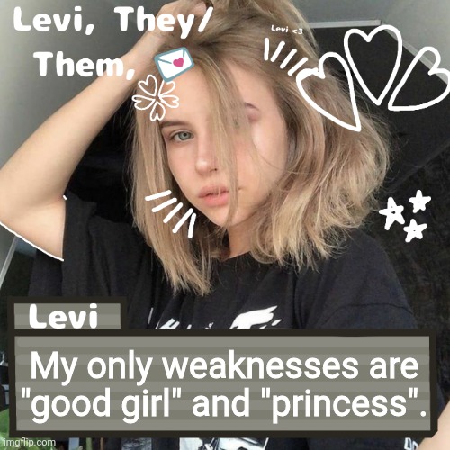 Levi | My only weaknesses are "good girl" and "princess". | image tagged in levi | made w/ Imgflip meme maker