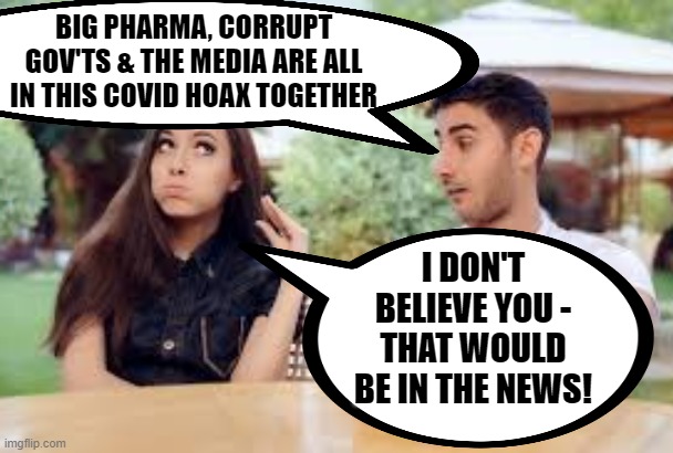 Big Pharma Gov't & Media in it together | BIG PHARMA, CORRUPT GOV'TS & THE MEDIA ARE ALL IN THIS COVID HOAX TOGETHER; I DON'T BELIEVE YOU - THAT WOULD BE IN THE NEWS! | image tagged in covid,big pharma,government,lockdown,media | made w/ Imgflip meme maker