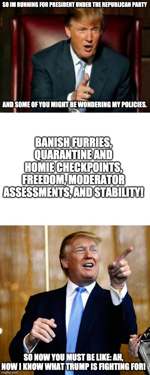 vote for trump in this coming election! | SO IM RUNNING FOR PRESIDENT UNDER THE REPUBLICAN PARTY; AND SOME OF YOU MIGHT BE WONDERING MY POLICIES. BANISH FURRIES, QUARANTINE AND HOMIE CHECKPOINTS, FREEDOM, MODERATOR ASSESSMENTS, AND STABILITY! SO NOW YOU MUST BE LIKE: AH, NOW I KNOW WHAT TRUMP IS FIGHTING FOR! | image tagged in donald trump,blank white template,donal trump birthday | made w/ Imgflip meme maker