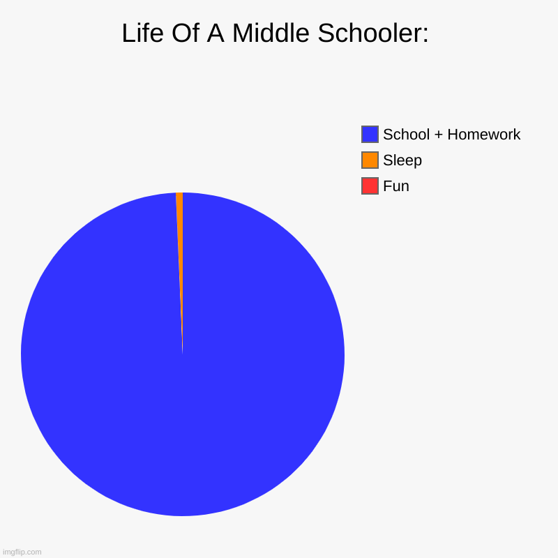 Life Of A Middle Schooler | Life Of A Middle Schooler: | Fun, Sleep, School + Homework | image tagged in charts,pie charts,middle school,sad,homework | made w/ Imgflip chart maker