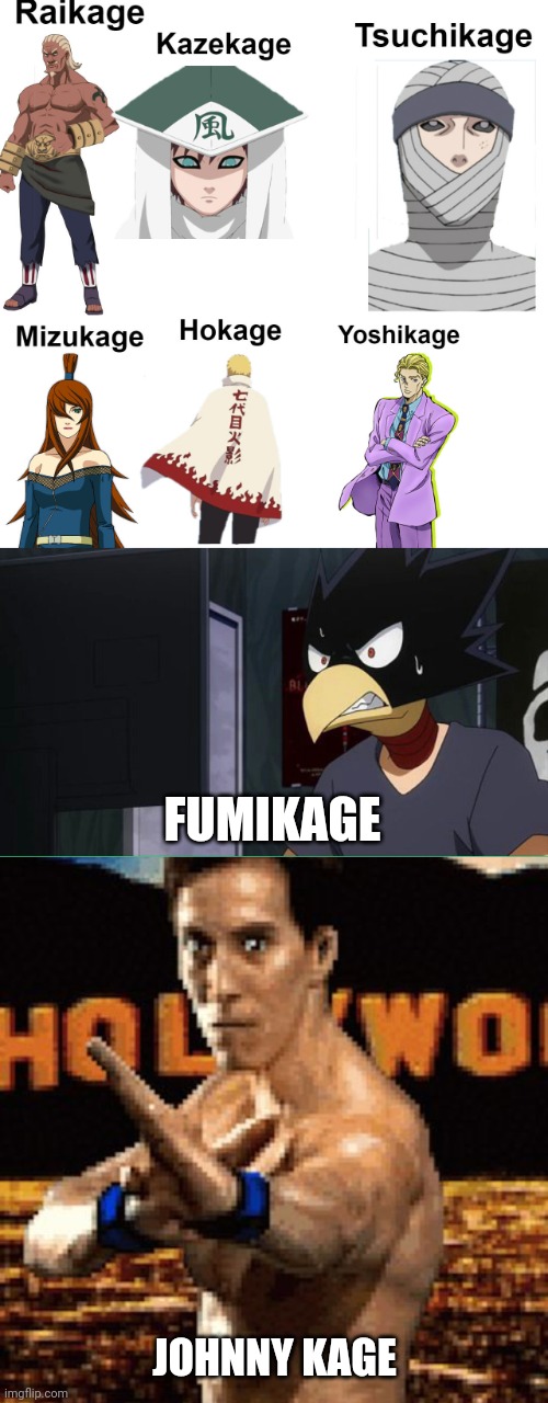 Just another shitty joke | FUMIKAGE; JOHNNY KAGE | image tagged in gamer fumikage,johnny cage,memes,hokage,naruto,jojo | made w/ Imgflip meme maker