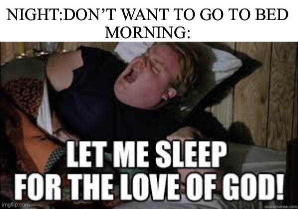 Is it just me? | NIGHT:DON’T WANT TO GO TO BED
MORNING: | image tagged in sleep,tommy boy | made w/ Imgflip meme maker