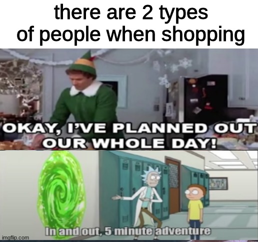 idek im tired dont judge me |  there are 2 types of people when shopping | image tagged in memes,rickandmorty,rick and morty,elf,shopping | made w/ Imgflip meme maker