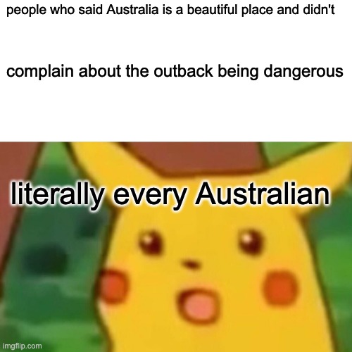 Literally every Aussie |  people who said Australia is a beautiful place and didn't; complain about the outback being dangerous; literally every Australian | image tagged in memes,surprised pikachu | made w/ Imgflip meme maker