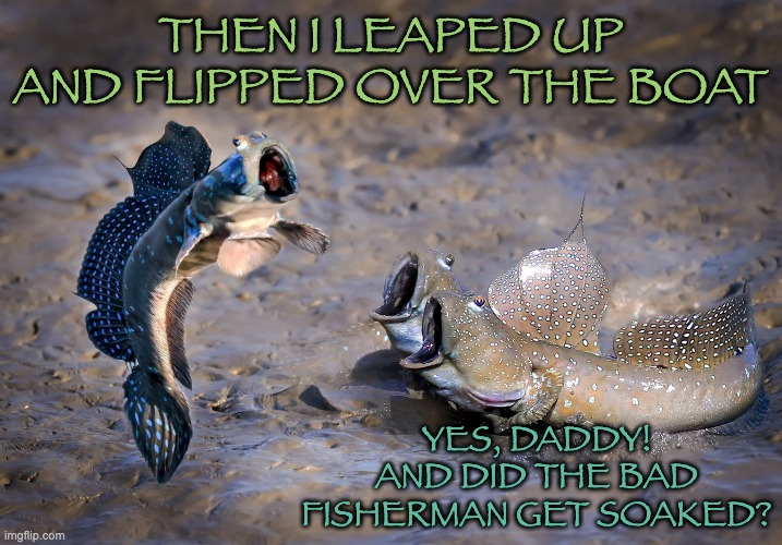 Fish story |  THEN I LEAPED UP AND FLIPPED OVER THE BOAT; YES, DADDY! AND DID THE BAD FISHERMAN GET SOAKED? | image tagged in fish,cute,story | made w/ Imgflip meme maker